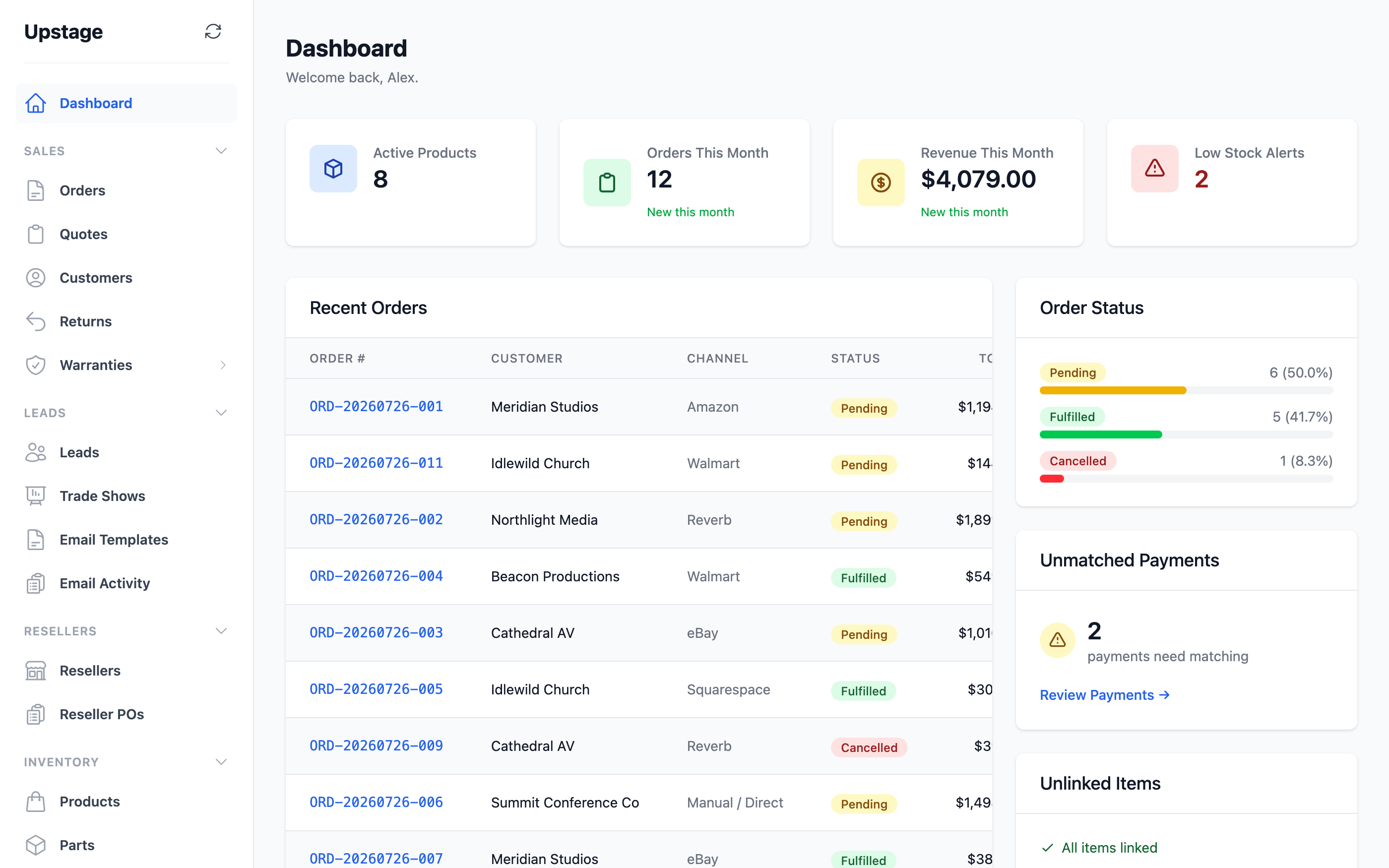 The MogDock dashboard — orders and revenue against last month, low-stock alerts and newest orders