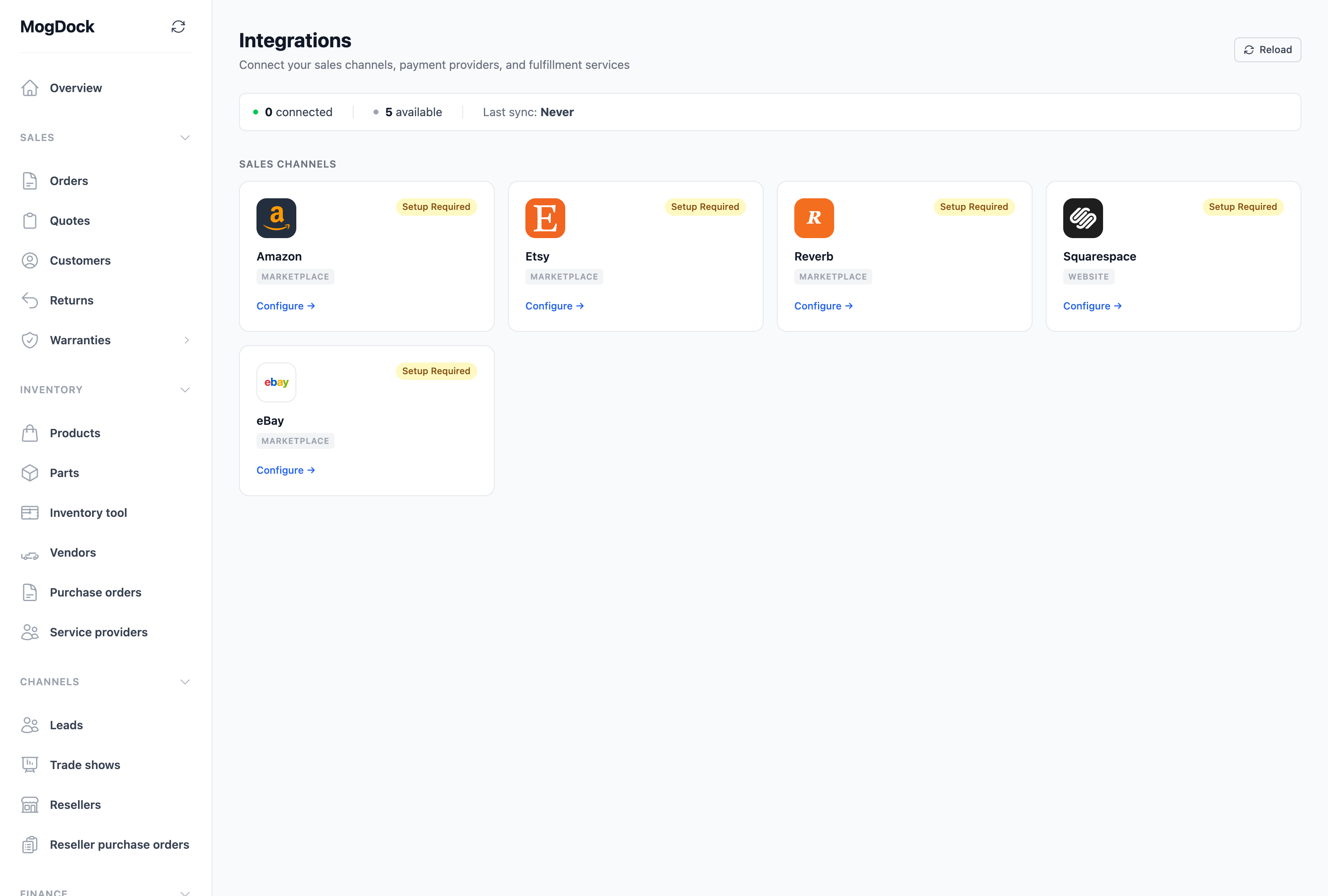 MogDock integrations console with individual channel connection and sync status