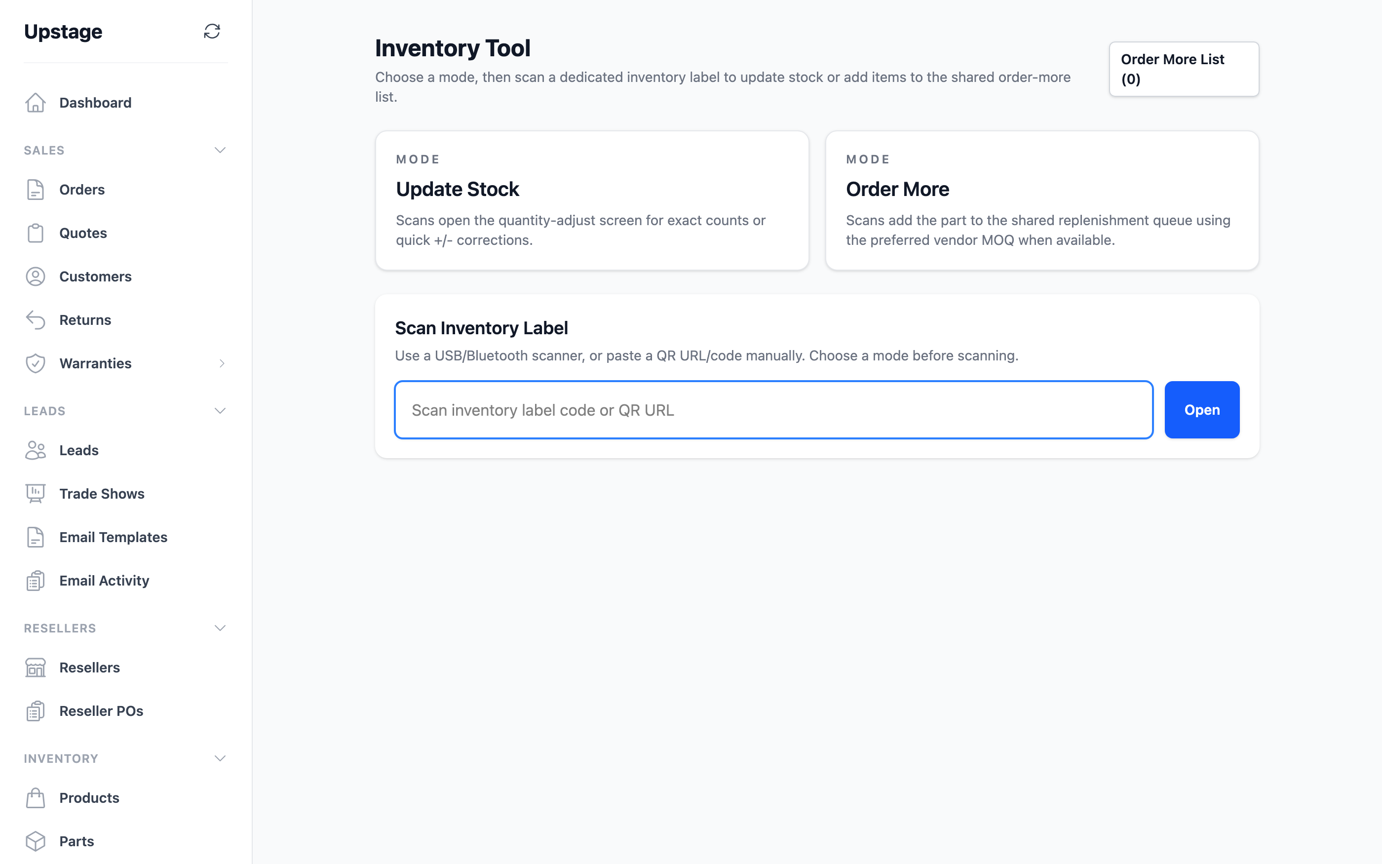 The MogDock inventory tool — QR label printing and scan-to-adjust