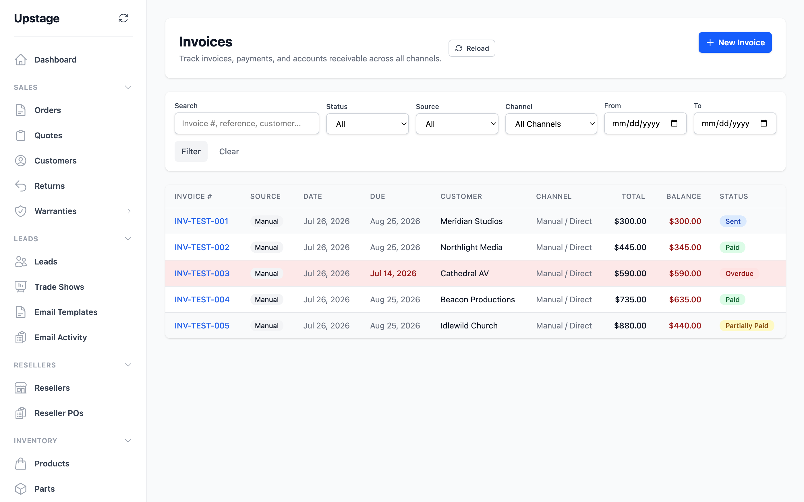 The MogDock invoices list with balances and due dates