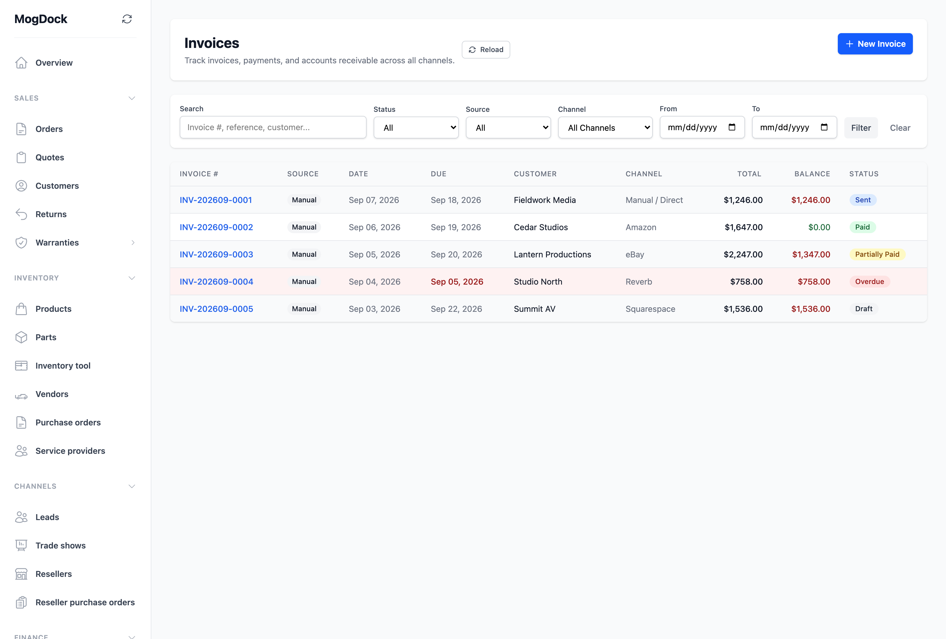 MogDock invoices with balances, payment status and due dates