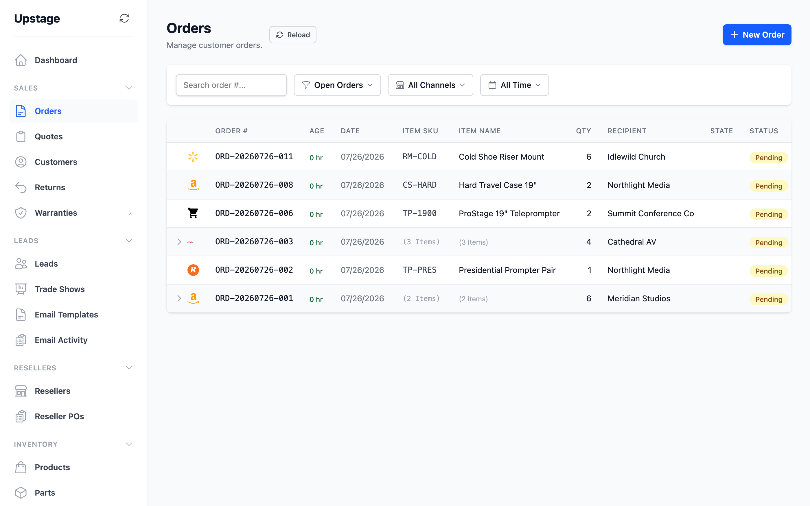 The MogDock orders list — every channel in one list with SKU, recipient, status and total per row