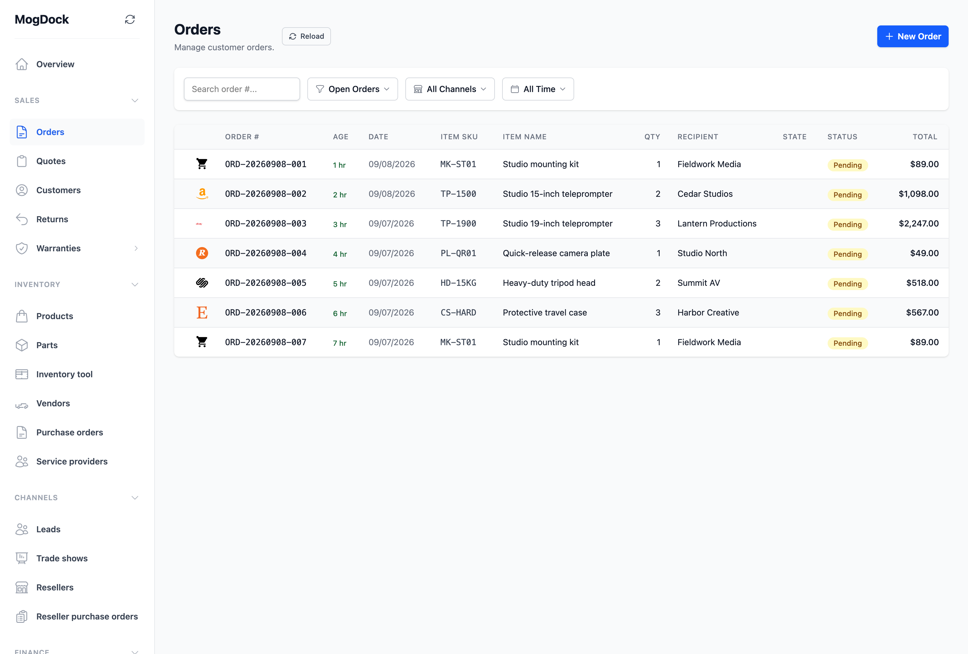 MogDock orders with sales channels, SKUs, recipients and fulfilment status