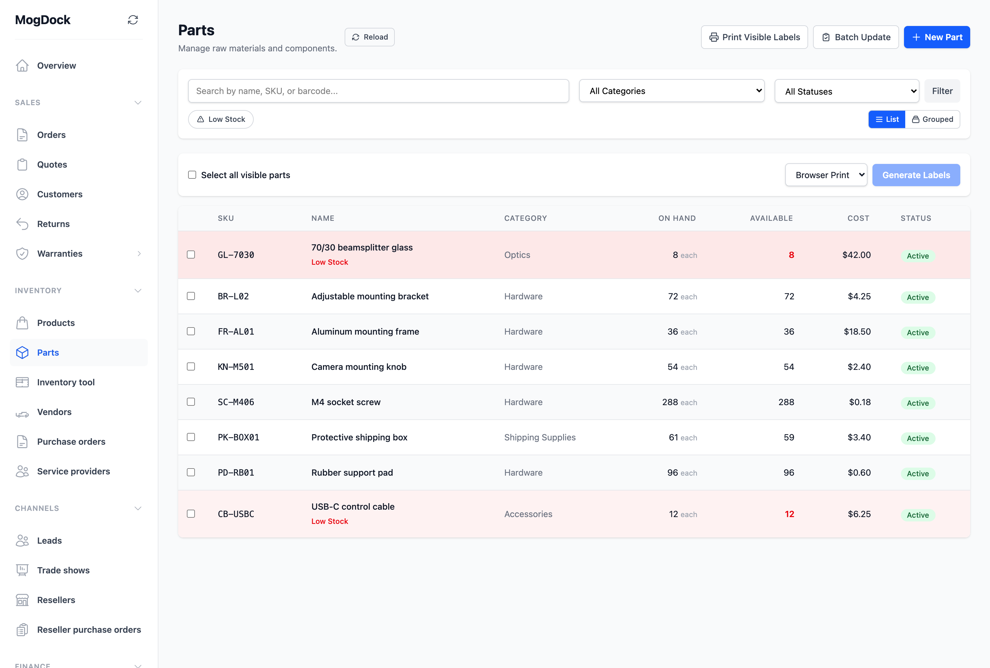 MogDock parts inventory with component quantities, costs and low-stock alerts
