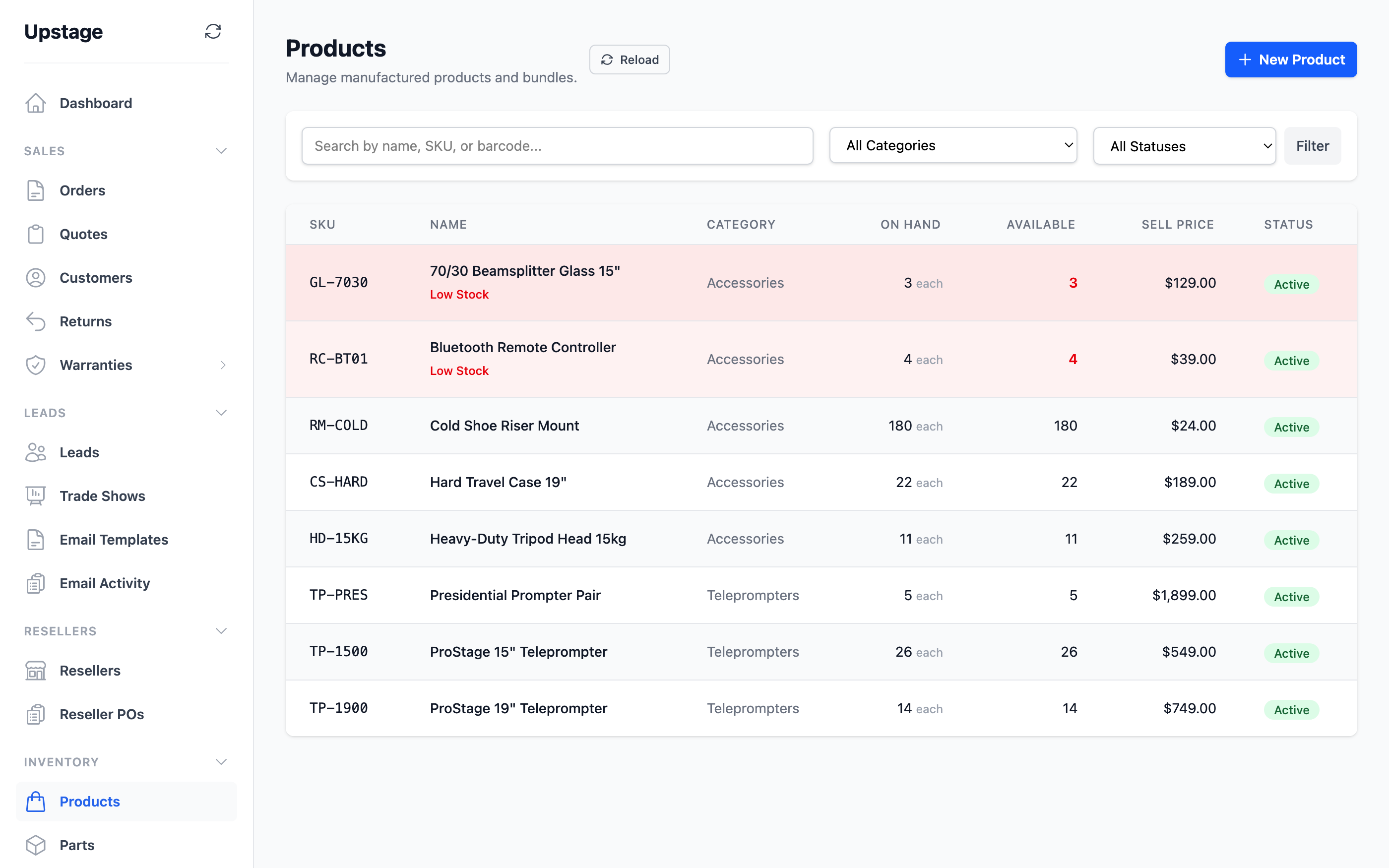The MogDock products and inventory list with on-hand and available quantities per SKU