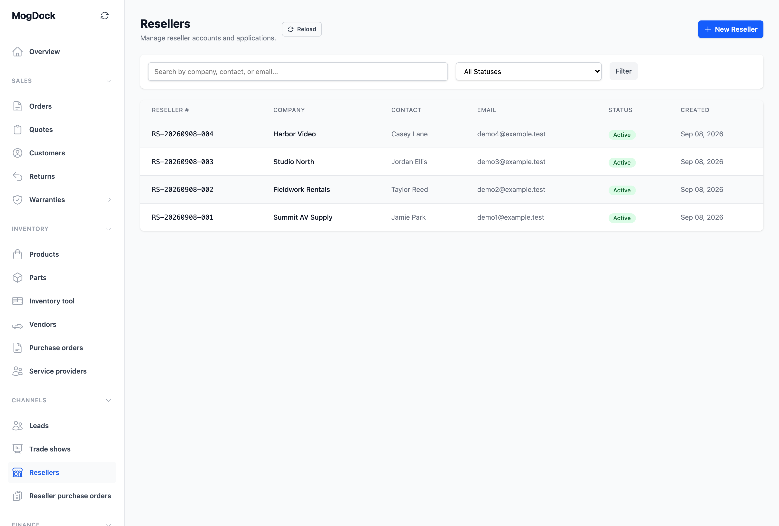 MogDock reseller accounts with company names, demo contacts and account status