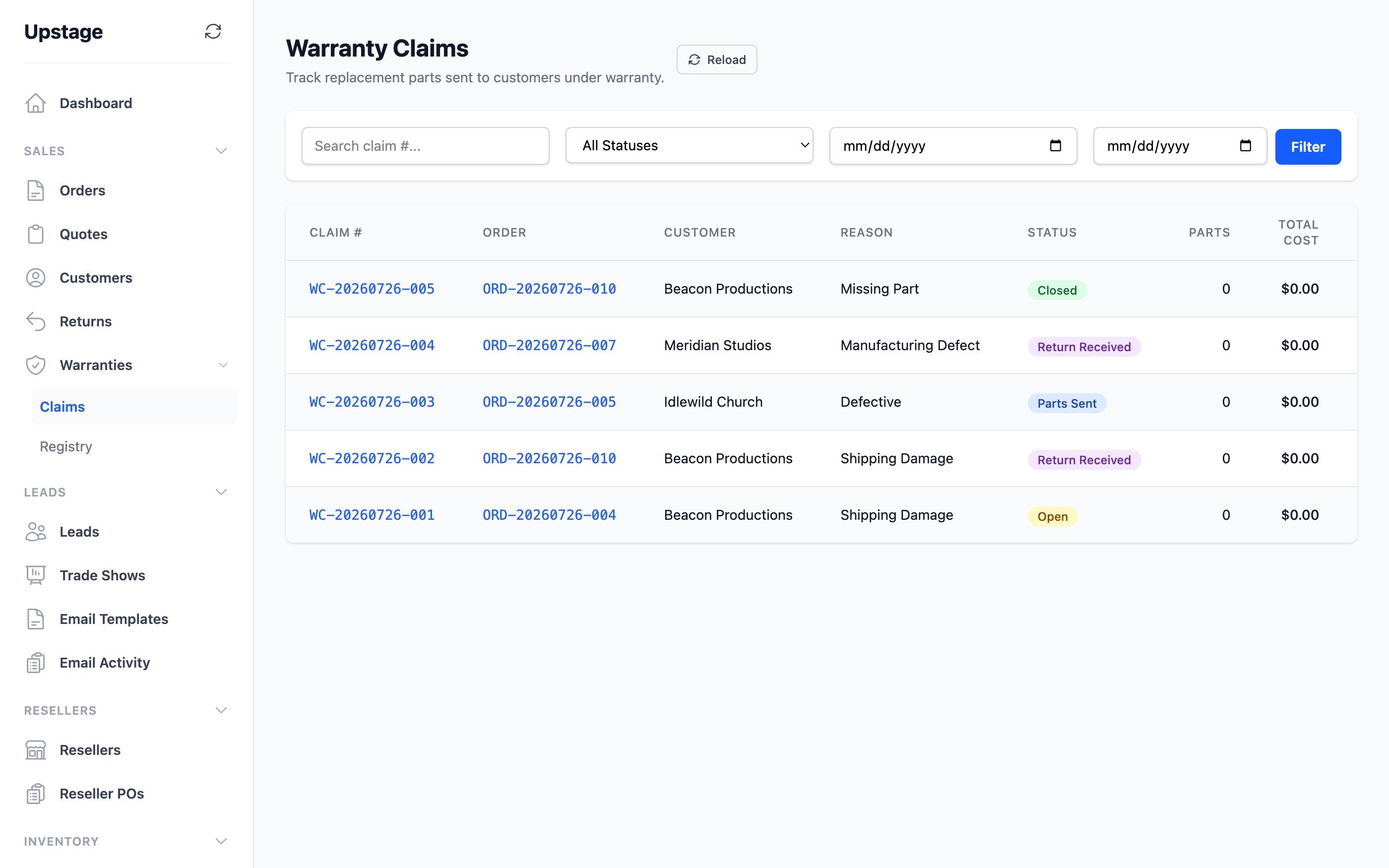 The MogDock warranty claims queue with claim statuses